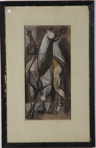 *PEAKE, CHANNING: (1910-1989 American) Cubist style cowboy, framed mixed media of charcoal & pastel paints, signed lower left, approx. image size 24" x 12", frame size 37 1/2" x 24".