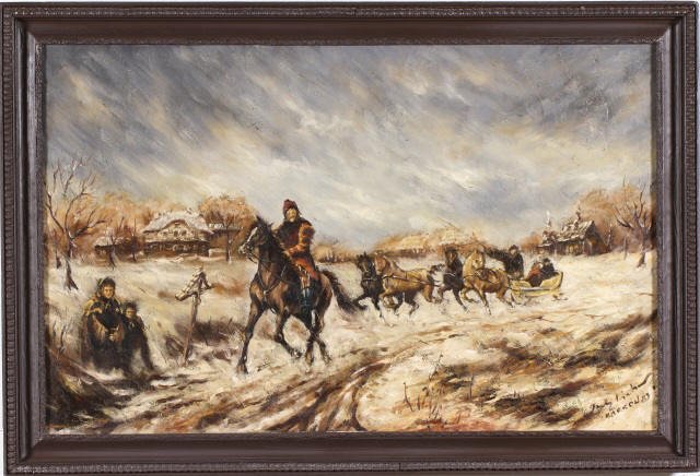 *UNKNOWN ARTIST: (Late 20th/Early 21st C. Polish) Copy of an older 19th C. painting depicting sleds through a village, framed oil on canvas, indistinctly signed lower right, approximate image size 25 1/4" x 39 1/2", f