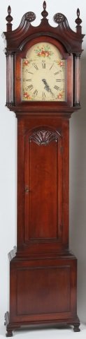 *LONG CASE CLOCK BY COLONIAL MFG CO.: Fitted with time and quarter strike movement, enclosed in Georgian style case, plaque on interior door, "Museum Reproduction" authorized by Edison Institute, Dearborn Mich., Colonial Mfg. Co. Zeeland,