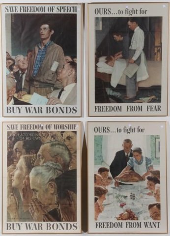 *4 FRAMED WWII ERA POSTERS: After designs by Norman Rockwell, approximate image size of each 40" x 28", frame size 41" x 29".