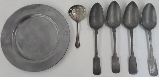*6 PIECES: 4 John Yates pewter spoons circa 1830, pewter plate and sterling silver spoon with pierced bowl.