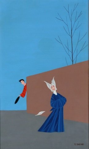 CANEVARI, V.: (20th C. Italian School) Nun with monk, framed oil on plywood panel, signed lower right, approximate image size 19 1/2" x 11 3/4", frame size 25 1/2" x 17 3/4".