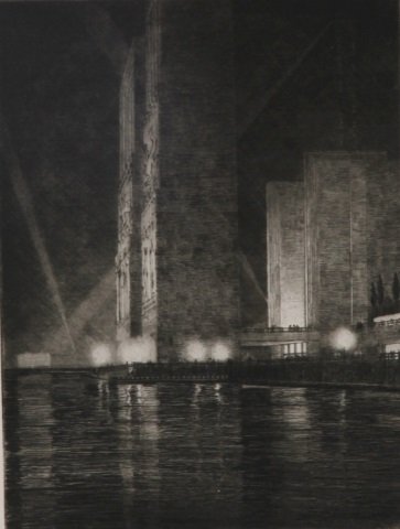 *GEERLINGS, GERALD: (1897-1998 American) City scene at night, framed etching, signed in pencil lower right from an unknown edition size, approximate plate size 11 3/4" x 8 7/8", 1/2" visible margins on all 4 sides, total