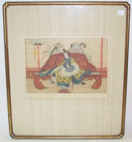*LORD, ELYSE: (1900-1971 English) Oriental style interior, framed color etching, signed in pencil lower right margin and numbered from an edition of 100 prints lower left, approximate plate size by sight 8" x 11 3/