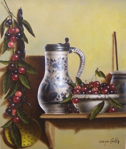 COULON, GEORGES: (1914-1990 European) Still life with Delftware on a shelf, framed oil on canvas, signed lower right, approximate image size 24" x 20", frame size 29" x 25".