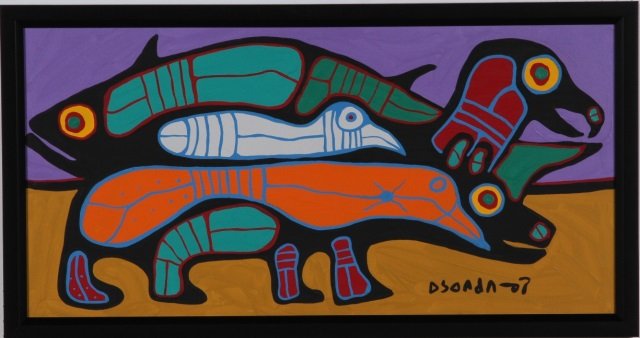 MORRISSEAU, NORVAL: (1937-2007 Canadian) Mythical animals, framed acrylic on canvas, signed lower right, approximate image size 20" x 40", frame size 22 1/2" x 42 1/2". RE: Provenance of the painting "Natural Elements" b