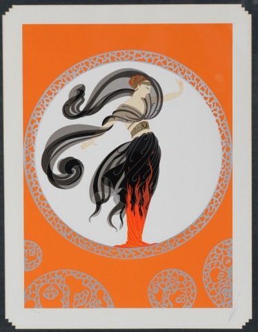 ERTE: (1892-1990 Russian/French) "Flames of Love", framed serigraph, signed in pencil and numbered edition 293/300 lower left, approximate image size 21 1/2" x 15 3/4", frame size 35" x 29".