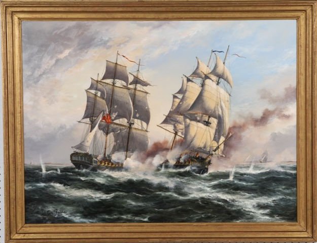 DINSDALE, JOHN BENTHAM: (1927-2008 English) War ships, framed oil on canvas, approximate image size 30" x 40", frame size 35" x 45".