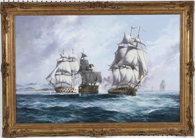DINSDALE, JOHN BENTHAM: (1927-2008 English) War ships at sea, framed oil on canvas, signed lower left, approximate image size 24" x 36", frame size 29" x 41".