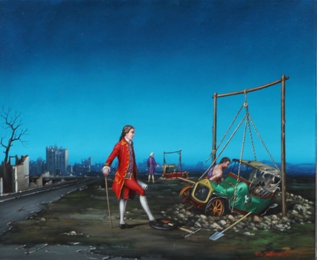 SALOMONI, TITO: (20th C. Italian School) Surreal landscape, framed oil opn canvas, signed lower right, approximate image size 20" x 24", frame size 32" x 54".