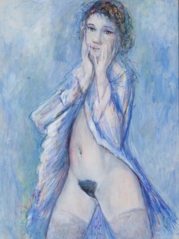 LALANDE, JACQUES: (20th C. French) Nude in nighgown, framed watercolor, signed lower left and dated 1972, approximate image size 25" x 19", frame size 25 1/2" x 19 1/2".