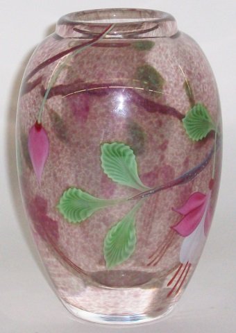 *ORIENT & FLUME ART GLASS PAPERWEIGHT VASE: Having embedded floral and leaf decoration, signed "Alexander", approximate height 6 1/2".