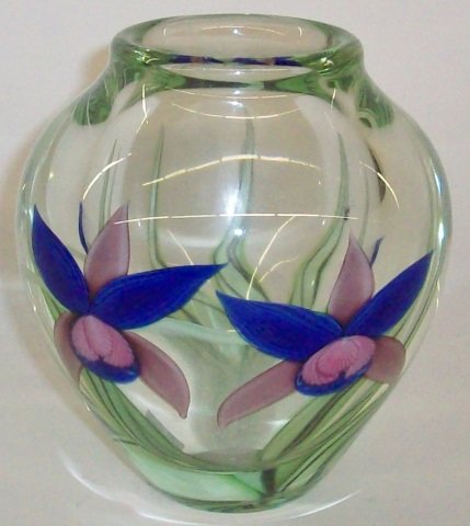 *ORIENT & FLUME ART GLASS PAPERWEIGHT VASE: Clear glass with embedded floral and leaf decoration, signed "Held", approximate height 5 1/4".