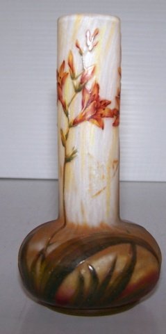 *DAUM NANCY ART GLASS BUD VASE: Having brown floral decoration, approximate height 4 3/4".