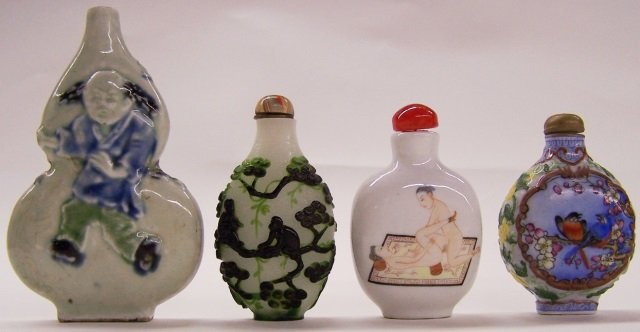 *4 SNUFF BOTTLES: Glass, porcelain, champleve and cameo glass.