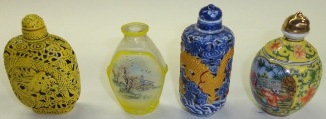 *4 SNUFF BOTTLES: Reticulated porcelain decorated with dragon, yellow porcelain basket weave decorated with dragon, vase form porcelain decorated with Oriental figures and glass decorated with landscapes.