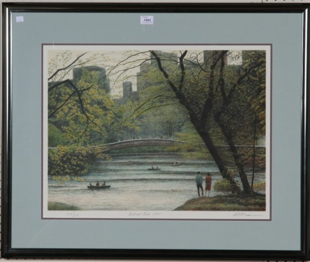 *ALTMAN, HAROLD: (American 1924-2003), Framed lithograph, "Central Park 1987" signed lower right ", numbered lower left 237/285, has D'Art stamp lower left, approximate size 19 3/4" x 16", with frame 29 1/2" x 35 1/2"