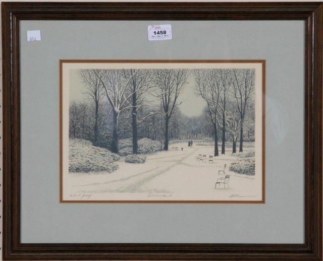 *ALTMAN, HAROLD: (American 1924-2003), Framed lithograph, "December IV" signed lower right ", artist proof, has Mourlot stamp lower left, approximate size 8 1/ 2" x 12 1/2" with frame 16 1/4" x 20 1/2".