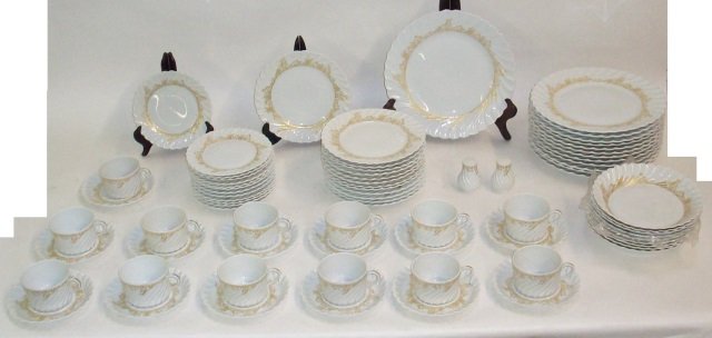 SET OF HAVILAND LIMOGES DINNERWARE: "Ladore" pattern, comprising 13 dinner plates, 13 salad plates, 13 bread plates, 9 soup bowls, 13 coffee cups with 13 saucers and pair of salt and pepper shakers.
