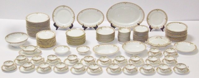 SET OF HAVILAND PORCELAIN DINNERWARE: 18 dinner plates, 13 luncheon plates, 12 salad plates, 16 bread plates, 12 dessert plates, 16 fruit bowls, 11 soup bowls, 23 coffee cups, 24 saucers, covered casserole, footed bowl, waste bowl, oval s