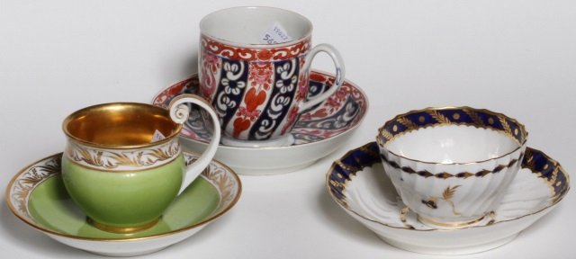 *3 CUPS & SAUCERS: Handleless Royal Worcester Dr Wall circa 1790 with gilt and cobalt decoration, Royal Worcester circa 1751 "Queen Charlotte" and Meissen 1778-1813 with gilt and green decoration, all signed on undersid