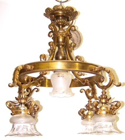 *EARLY 20TH C. HANGING LIGHT FIXTURE: Having brass frame, 4 acanthus leaf branches with frosted to clear glass shades.