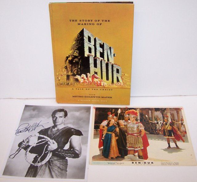 *3 PIECES: Signed black and white photo of Charlton Heston in Ben-Hur costume, book "The Story of the Making of Ben-Hur" and a color 10 x 8 lobby card scene from Ben-Hur, from the private collection of Jack Mulq