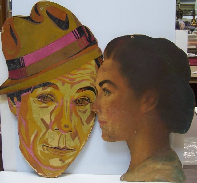 *2 PIECES OF THEATER DECOR: From Milwaukee Wisconsin theater in the 1930's and 1940's, cut out heads of Joe E. Brown and Jenifer Jones.