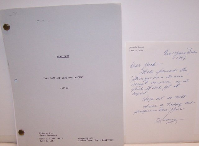 *TELEVISION SCRIPT FOR BEWITCHED: "The Safe and Sane Halloween", with a letter signed by Kasey Rogers, from the private collection of Jack Mulqueen, TV producer.