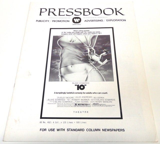 *WARNER BROTHERS PRESS BOOK: Blake Edwards "10" with Bo Derrick and Dudley Moore, approximately 11" x 14".