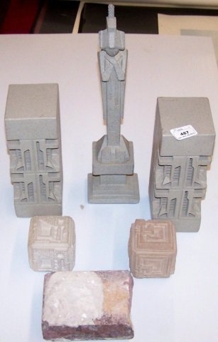 *FRANK LLOYD WRIGHT: 6 Pieces, 5 Wright designed souvenir pieces and 1/2 brick from a building
