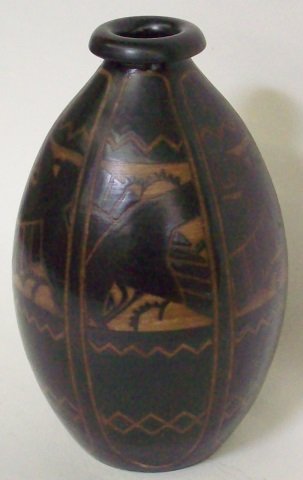 *BOCH FR. STONEWARE VASE: Having raven decoration, with Boch Fr. mark, Ch. Catteau mark and signed "Greg Keramis" on underside, approximate height 11 3/4", diameter at widest point 7 1/4".