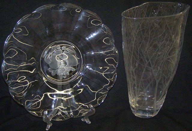 *2 PIECES OF ART GLASS: Val St. Lambert platter with frosted decorated center depicting fruit, approximate diameter 12 3/ 4"and Costa vase with sketched decoration depicting trees, height 13 1/2".