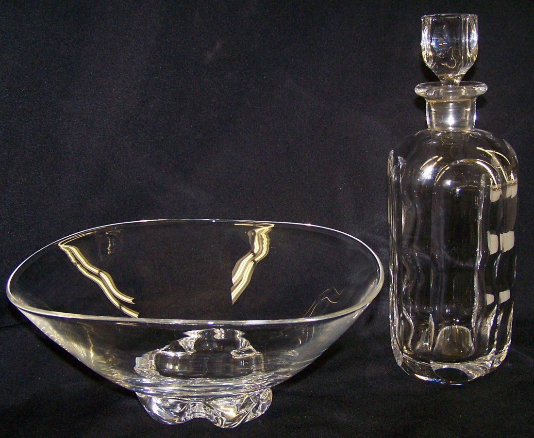 *2 PIECES OF ART GLASS: Stueben footed bowl approximate diameter 9 3/4" and Orrefors decanter height 10 3/4".