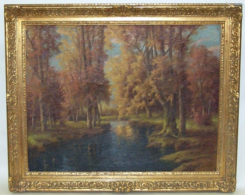 *KRUGER, RICHARD: (Born 1880 German/American) Landscape, oil on canvas housed in Newcomb Macklin frame, approximate image size 28" x 36", frame size 35" x 43".