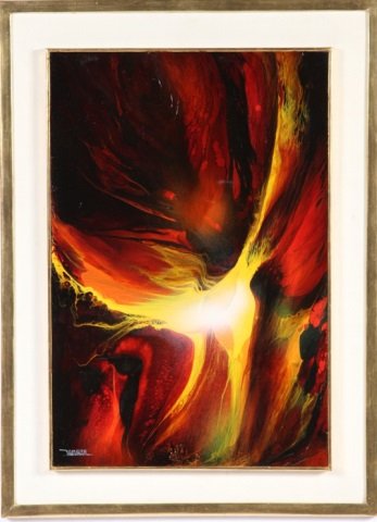 NIERMAN, LEONARDO: (Born 1936, Mexican) "Firebird", abstract, framed oil on masonite panel, signed lower left, approximate image size 24" x 16", frame size 29 1/2" x 21 1/2".