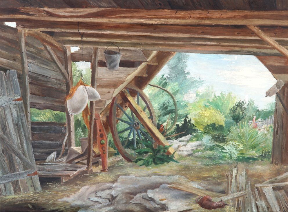 AARON BOHROD: (1907-1992 American) Barn interior, framed oil on masonite, signed and dated 1936 lower left, approximate image size 24" x 32", with frame 29" x 37".