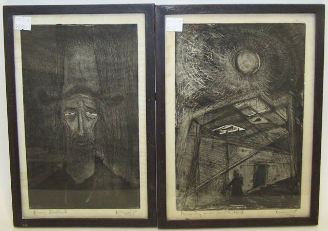 *KAUS, MAX: (1891-1977 American) 2 Framed etchings, 1st titled "From Ladback", 2nd "Monastery Moon and the Monk", each piece approximate plate size 9 3/4" x 5 3/4", each piece has 3/8" margins on all 4 sides, eac