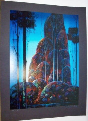 EARLE, EYVAND: (Born 1916 American) Landscape, unframed serigraph, signed lower right, numbered from edition of 140 impressions lower left, approximate image size 32" x 24", total sheet 39" x 29".