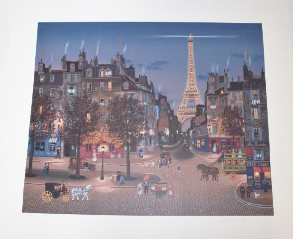 DELACROIX, MICHEL: (Born 1933 French) Busy Paris street scene, unframed lithograph, signed in pencil lower right, numbered from edition of 200 prints lower left, approximate image size 20" x 24", total sheet 26 1/2" x 3