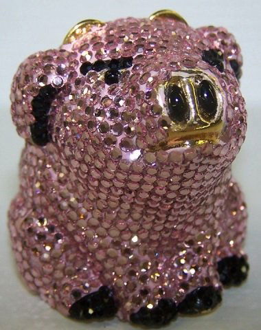 *JUDITH LEIBER TRINKET BOX: Pig, having pink and black rhinestones, approximate height 1 1/2".