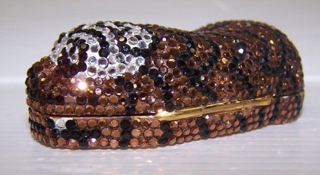 *JUDITH LEIBER TRINKET BOX: Tiger, having brown, black and white rhinestones, approximate height 3/4".