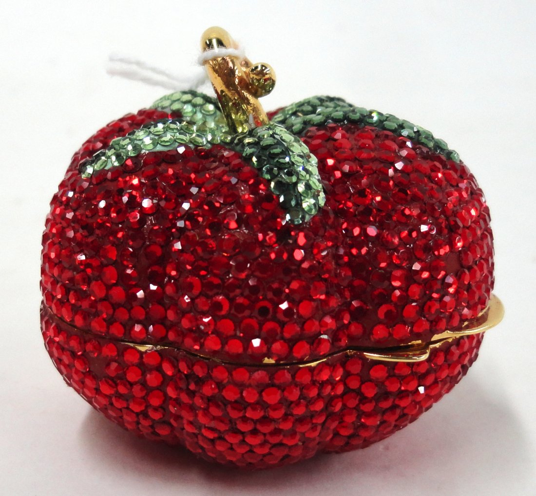*JUDITH LEIBER TRINKET BOX: Tomato, with red and green rhinestones, approximate height 1 3/4".