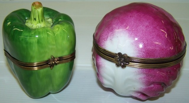 *2 LIMOGES PORCELAIN TRINKET BOXES: Cabbage, approximate height 3 1/2" and green pepper, height 3 1/4".