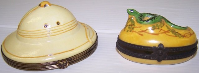 *2 LIMOGES PORCELAIN TRINKET BOXES: Snake, approximate height 1" and pith helmet, approximate 1 1/2".
