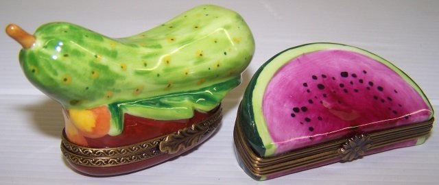*2 LIMOGES PORCELAIN TRINKET BOXES: Slice of watermelon, approximate length 2 1/4" and cucumber, length 3".