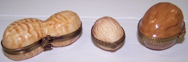 *3 LIMOGES PORCELAIN TRINKET BOXES: Peanut, approximate length 3", 2 nuts, length 2" and 1 1/2".