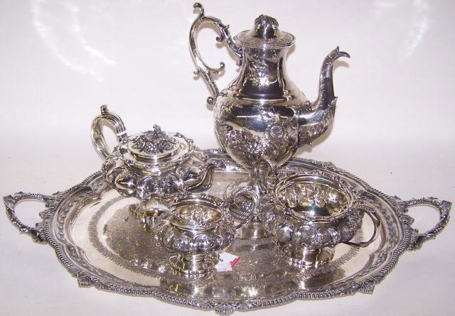 *4 PC WILLIAM IV STERLING SILVER TEA SET: Tea server, creamer and sugar together with companion silverplate 2-handled tray.