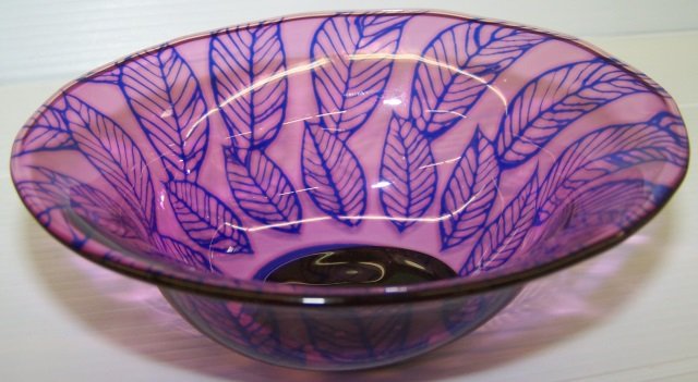 *ORREFORS CRANBERRY ART GLASS BOWL: With leaf decoration, signed on underside Eva Englund.