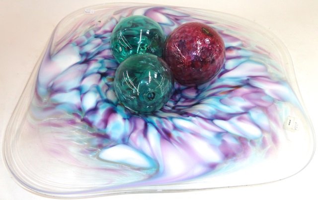 4 PIECES OF ART GLASS: Bowl having multicolor design, signed illegibly on bottom and 3 glass balls, approximate diameter 19 1/2".